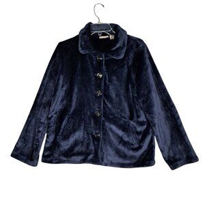 Chicos Plush Faux Fur Jacket Navy Blue Womens Size M 8 Button Up Down Comfy Cozy